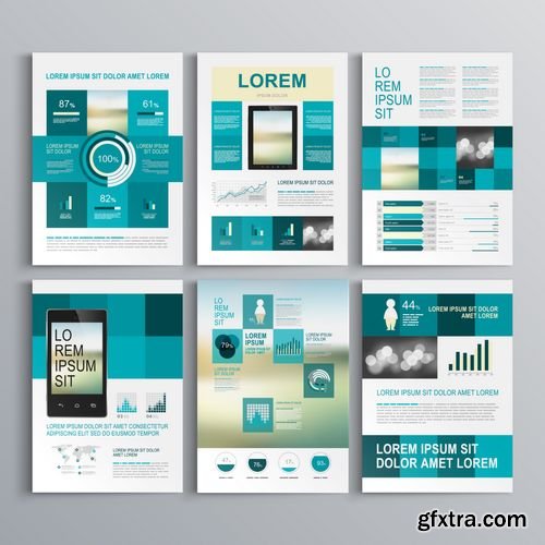 Vector - Blue Brochure Template Design with Square Shapes - Cover Layout and Infographics