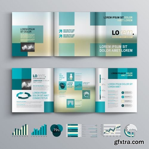 Vector - Blue Brochure Template Design with Square Shapes - Cover Layout and Infographics