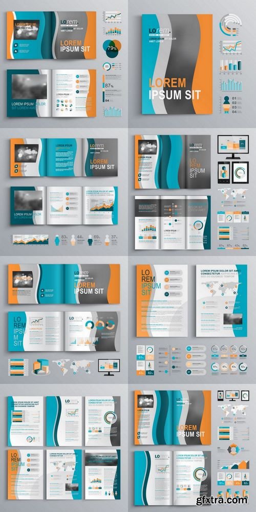 Vector - Classic Brochure Template Design with Wavy Shapes - Cover Layout and Infographics