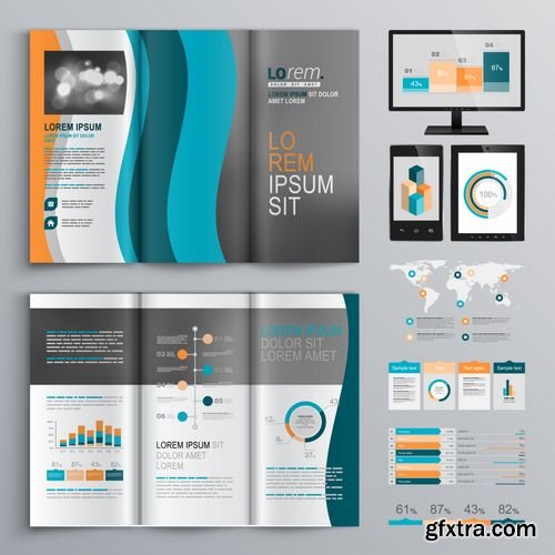 Vector - Classic Brochure Template Design with Wavy Shapes - Cover Layout and Infographics