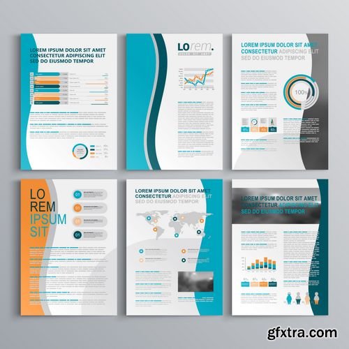 Vector - Classic Brochure Template Design with Wavy Shapes - Cover Layout and Infographics