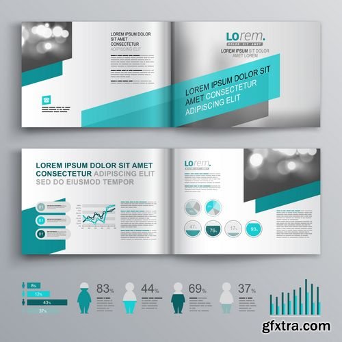 Vector - Gray Brochure Template Design with Green Diagonal Shapes - Cover Layout and Infographics