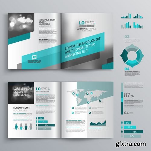 Vector - Gray Brochure Template Design with Green Diagonal Shapes - Cover Layout and Infographics