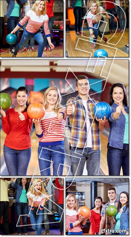 Happy friends in bowling club - Stock photo