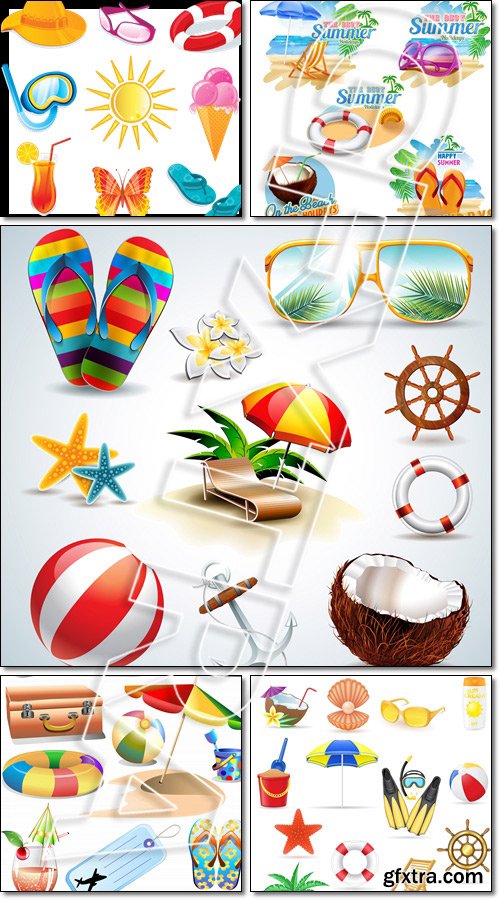 Set of beach icons, stickers happy summer for holidays - Vector