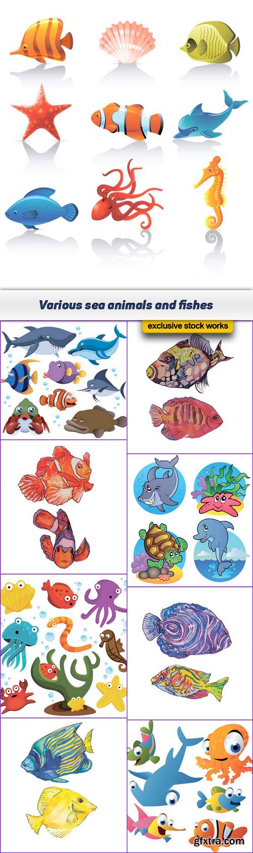 Various sea animals and fishes 9x EPS