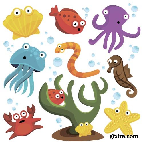Various sea animals and fishes 9x EPS