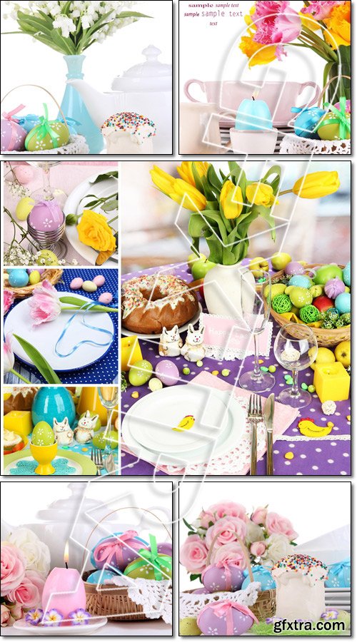 Easter collage with easter eggs and table setting - Stock photo