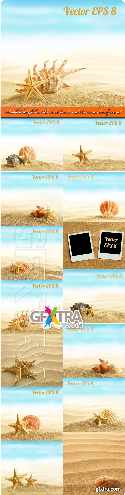 Seashell starfish on the sand beach realistic vector background