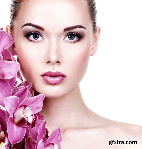 Closeup Face of Young Beautiful Woman with Flower