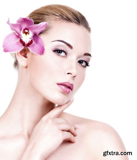 Closeup Face of Young Beautiful Woman with Flower