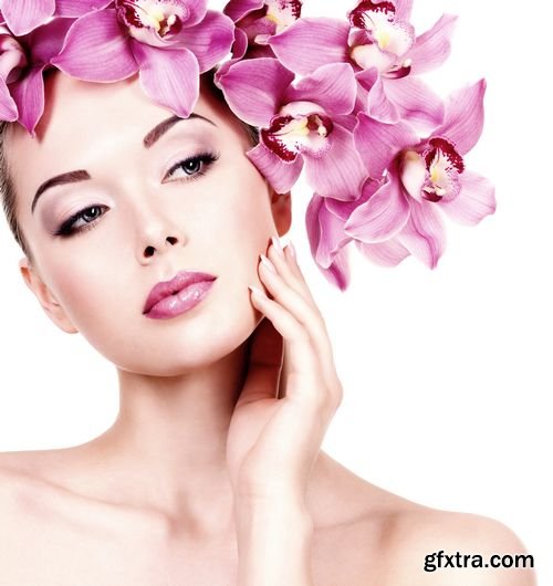 Closeup Face of Young Beautiful Woman with Flower