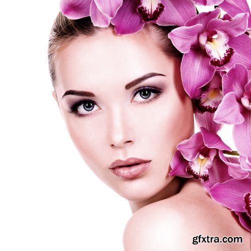 Closeup Face of Young Beautiful Woman with Flower