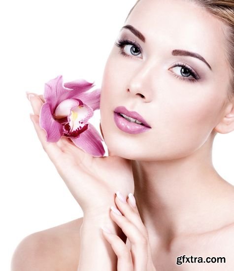 Closeup Face of Young Beautiful Woman with Flower