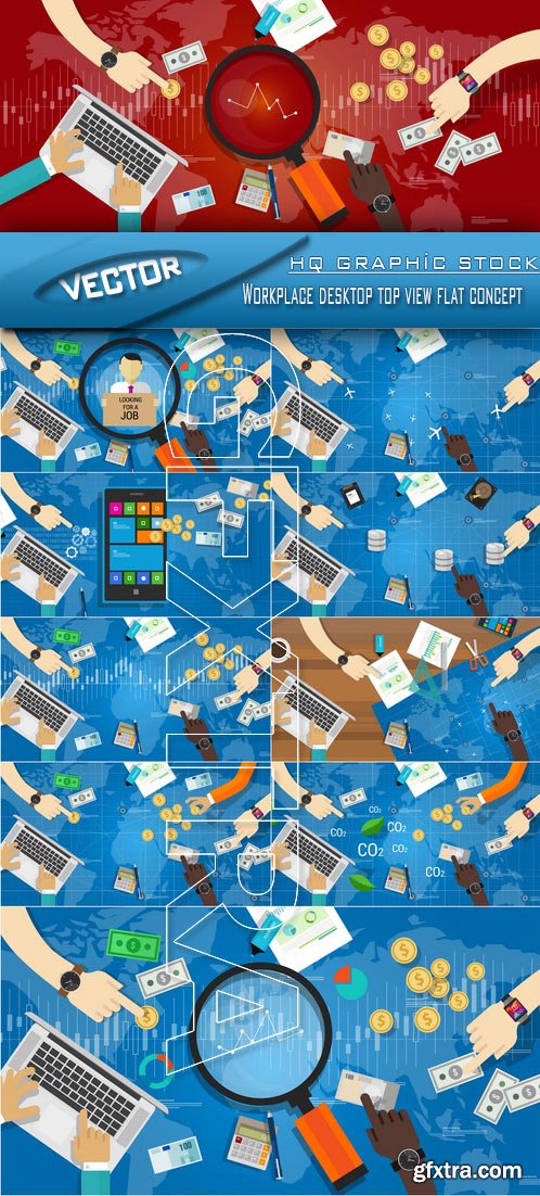 Stock Vector - Workplace desktop top view flat concept