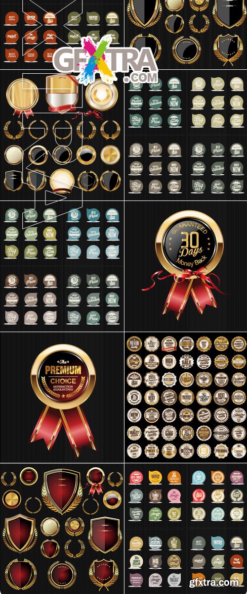 Golden shields laurels medals label and badges vector