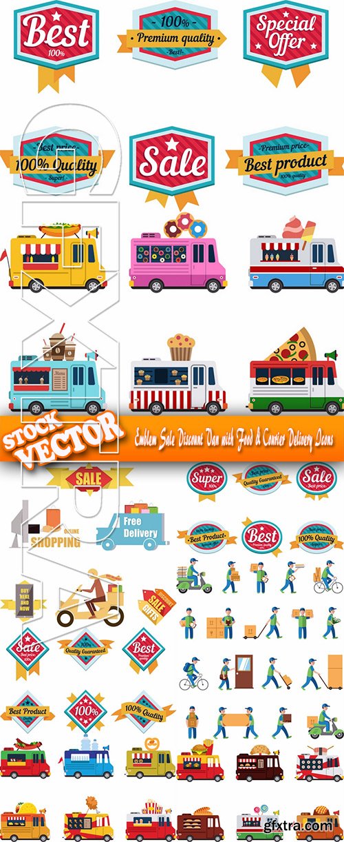 Stock Vector - Emblem Sale Discount Van with Food & Courier Delivery Icons