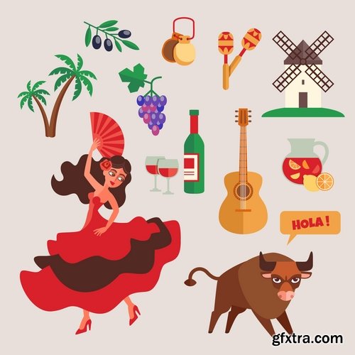 Collection of vector image Spain Spanish theme korida dance Flamenco 25 Eps