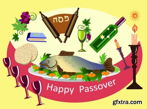 Collection of vector picture Jewish Passover matza wine 25 Eps