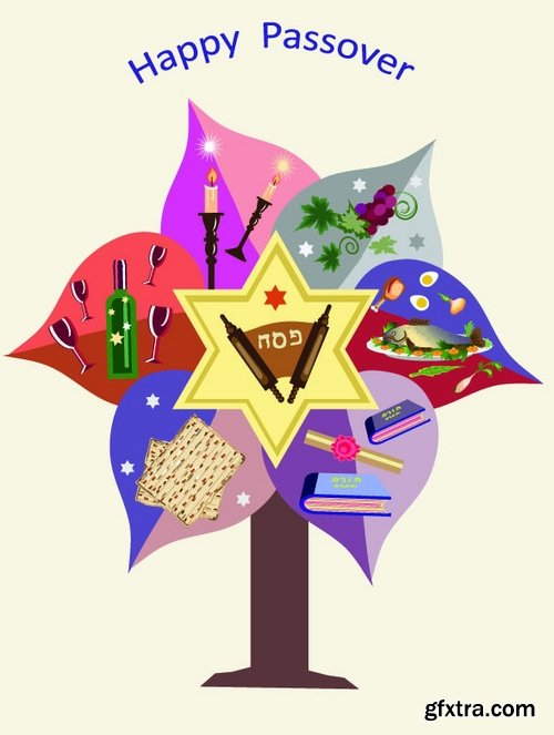 Collection of vector picture Jewish Passover matza wine 25 Eps