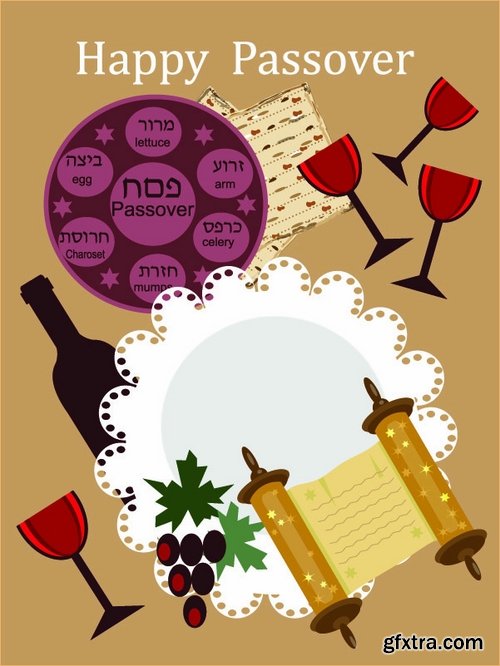 Collection of vector picture Jewish Passover matza wine 25 Eps