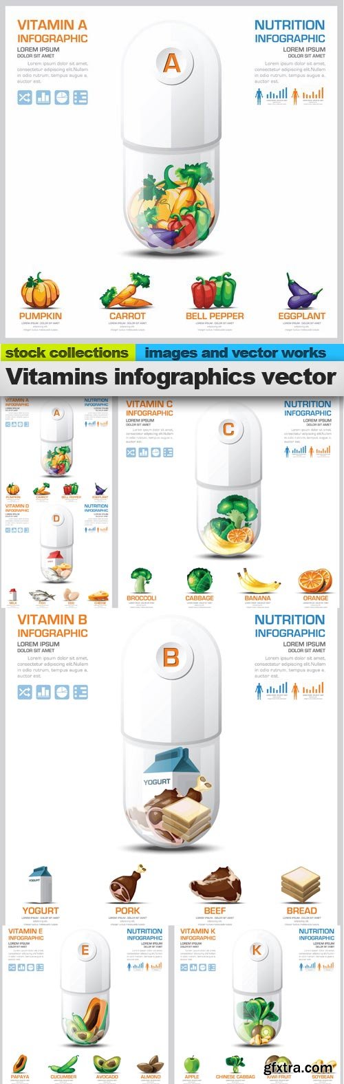 Vitamins infographics vector, 6 x EPS