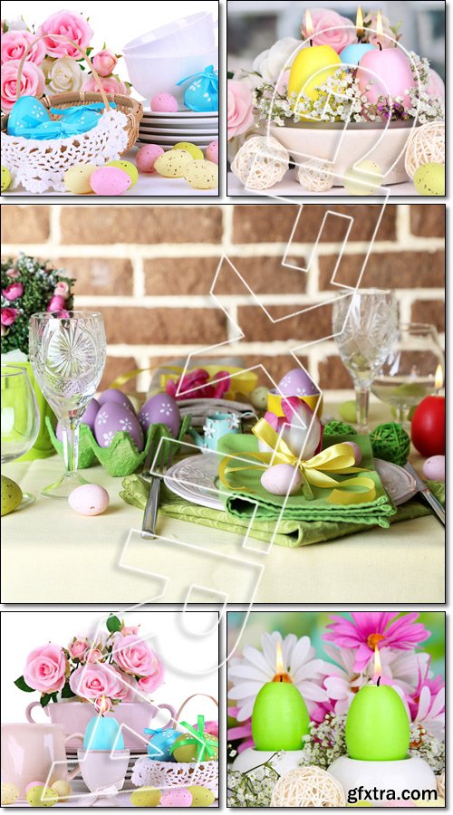 Beautiful holiday Easter table setting, on bright and white background - Stock photo