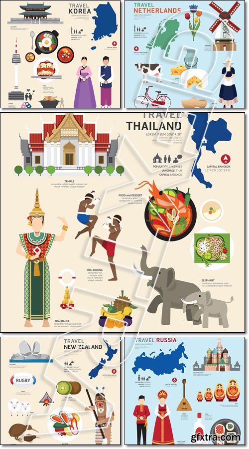 Netherland, Thailand, Russia, Korea, New Zealand Flat Icons Design Travel Concept - Vector