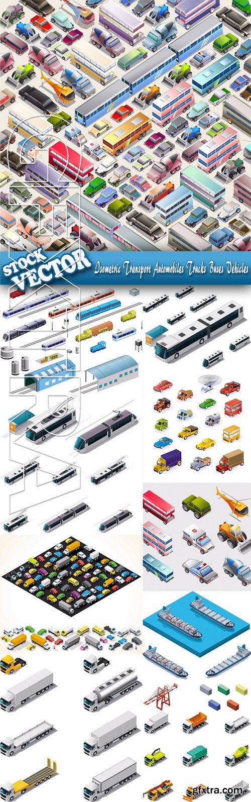 Stock Vector - Isometric Transport Automobiles Trucks Buses Vehicles