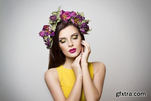 Stock Photos - Beautiful Young Woman with Bright Makeup Wearing Floral Headband