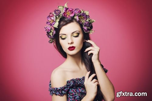 Stock Photos - Beautiful Young Woman with Bright Makeup Wearing Floral Headband