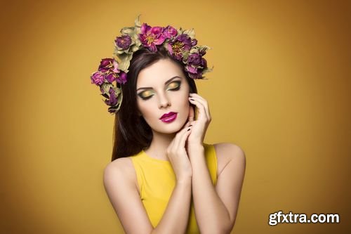 Stock Photos - Beautiful Young Woman with Bright Makeup Wearing Floral Headband