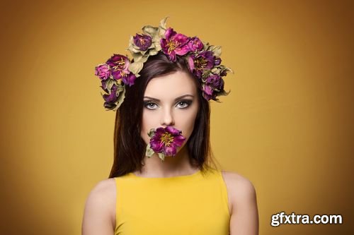 Stock Photos - Beautiful Young Woman with Bright Makeup Wearing Floral Headband