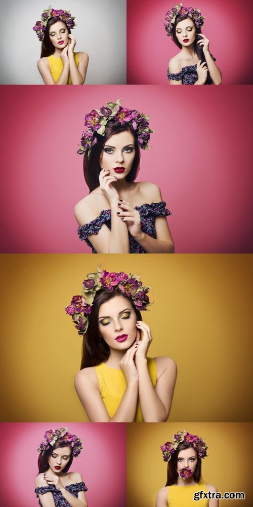 Stock Photos - Beautiful Young Woman with Bright Makeup Wearing Floral Headband