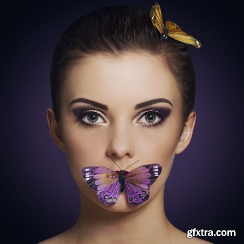 Stock Photos - Fashion Portrait of Beautiful Woman with Bright Makeup and Butterflies