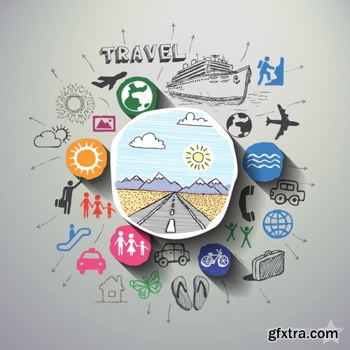 Stock Vector - Travel Collages with Icons Backgrounds, 25EPS