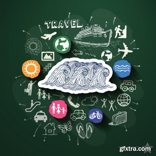 Stock Vector - Travel Collages with Icons Backgrounds, 25EPS