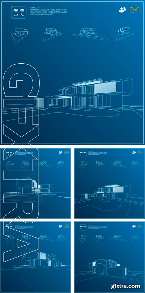 Stock Vectors - Wireframe blueprint drawing of 3D building