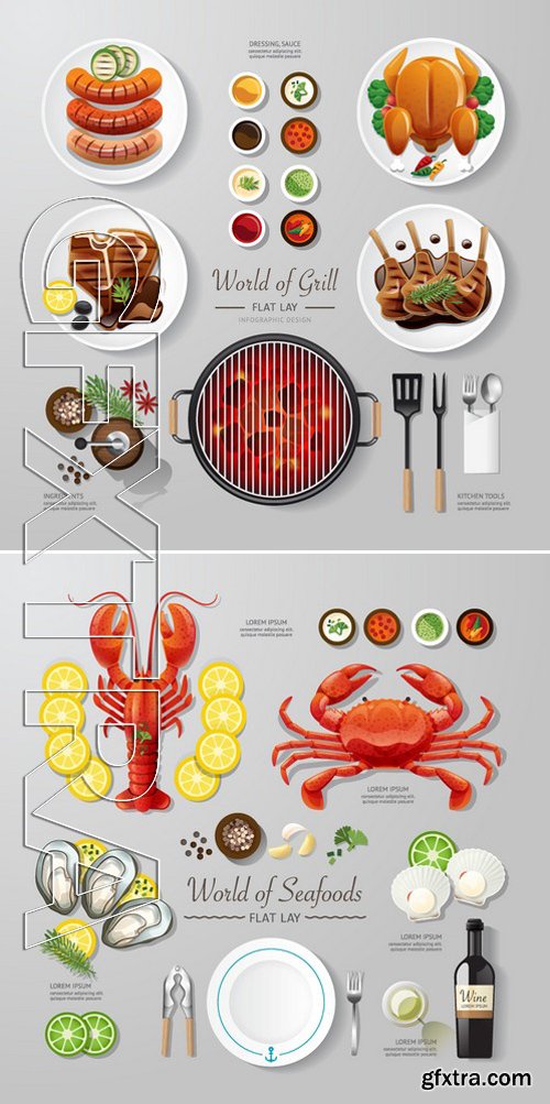 Stock Vectors - Infographic Food Business Seafood, Grill,Bbq,Roast,Steak Flat Lay Idea