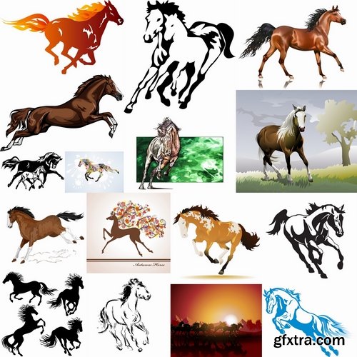 Collection of vector image running horse stallion 25 Eps