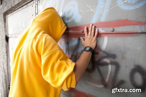 Collection urban young people on the street graffiti wall with paint Balon 25 HQ Jpeg