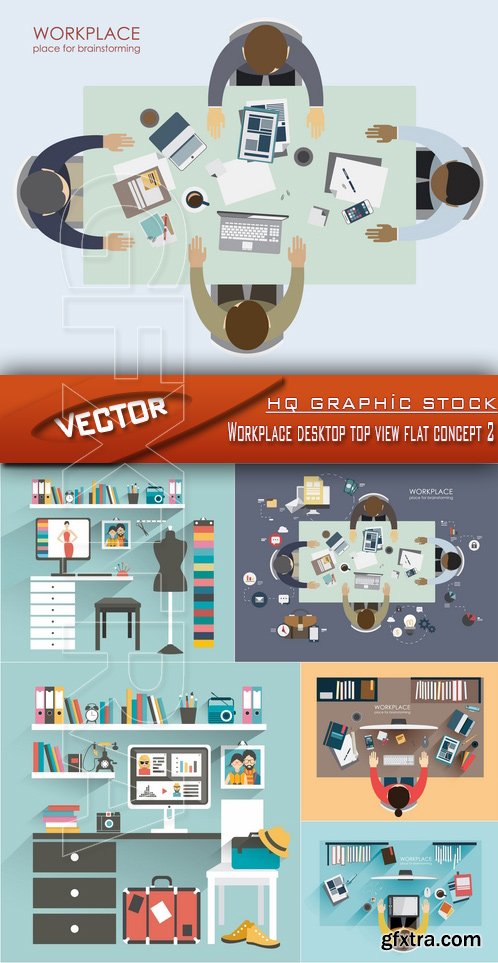 Stock Vector - Workplace desktop top view flat concept 2