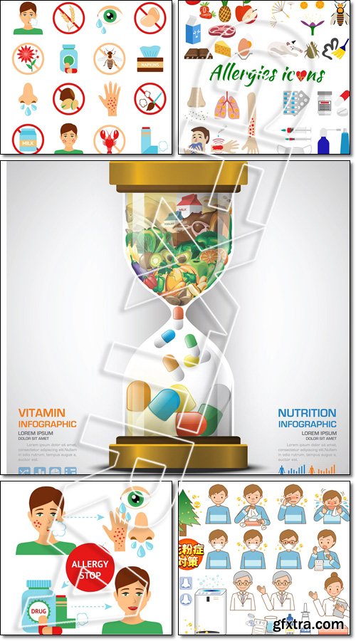 Allergy icons set. Vitamin And Nutrition Food  - Vector