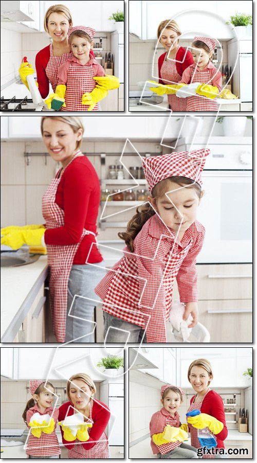 Cleaning Together. Mother And Daughter In The Kitchen - Stock photo