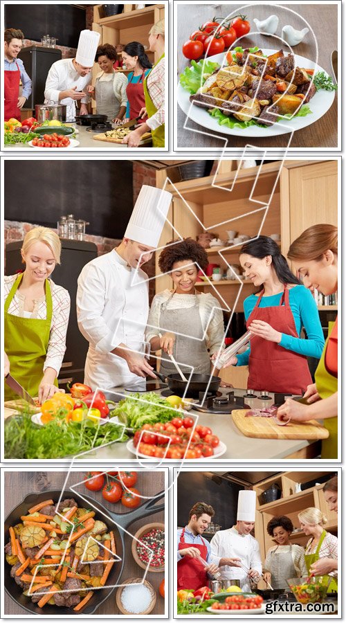 Happy friends and chef cook cooking in kitchen - Stock photo