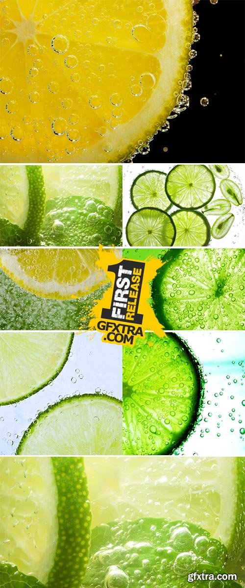 Stock Photo: Beautiful fresh slice of lemon and lime in the water with bubbles