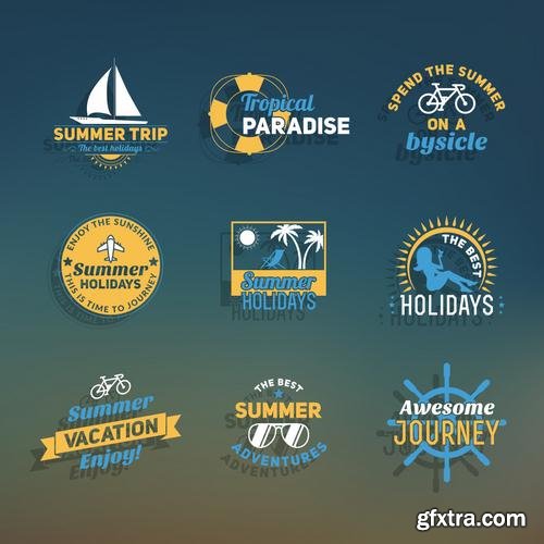 Stock Vector - Tropical Paradise Beach Vacation Adventure and Travel Labels Logos, 30EPS