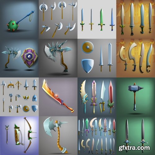 Collection of vector picture cartoon sword ax shield 25 Eps