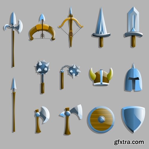 Collection of vector picture cartoon sword ax shield 25 Eps