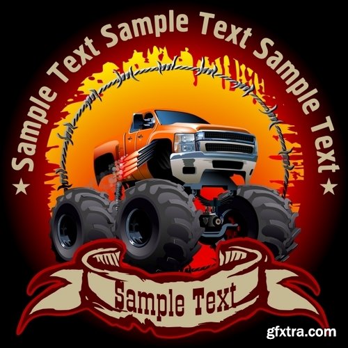 Collection of vector image printing on t-shirts monster truck huge wheel 25 Eps